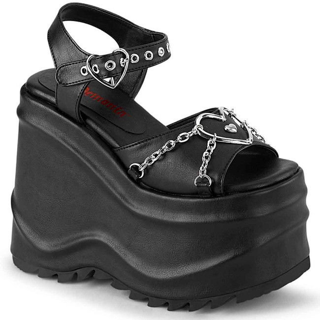 WAVE-09, Wedge Platform With Heart and Chain Detail Sandal Black Vegan Leather by Demonia