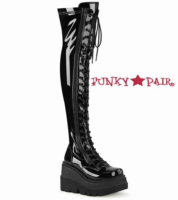 SHAKER-374, Black Lace-up Thigh High Boots By Demonia