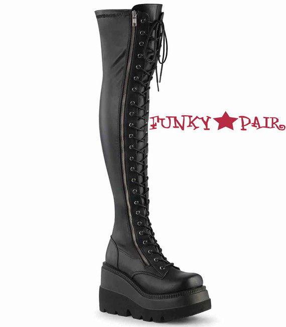 Demonia | SHAKER-374, Lace-up Thigh High Boots Black Vegan Leather