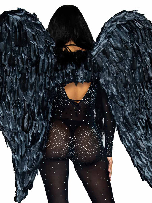 A2887, Black Deluxe Feather Wings back view Leg Avenue