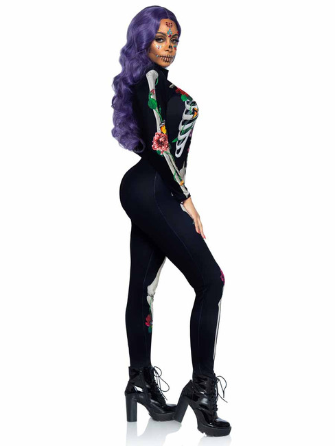 LA87066, Floral Skeleton Catsuit Side View By Leg Avenue