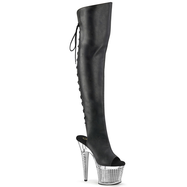 Spectator-3019, 7" Black/Clear Lace-Up Back Over-The-Knee Boot By Pleaser