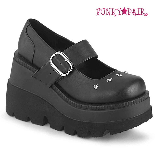 Shaker-23, Black Vegan Leather Wedge Platform MaryJane w/Star Studs