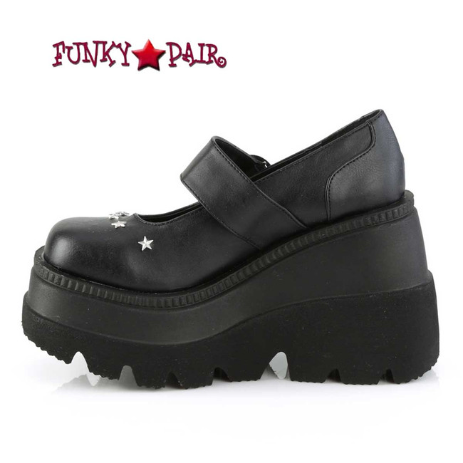 Shaker-23, Black Vegan Leather Wedge Platform MaryJane w/Star Studs Side View