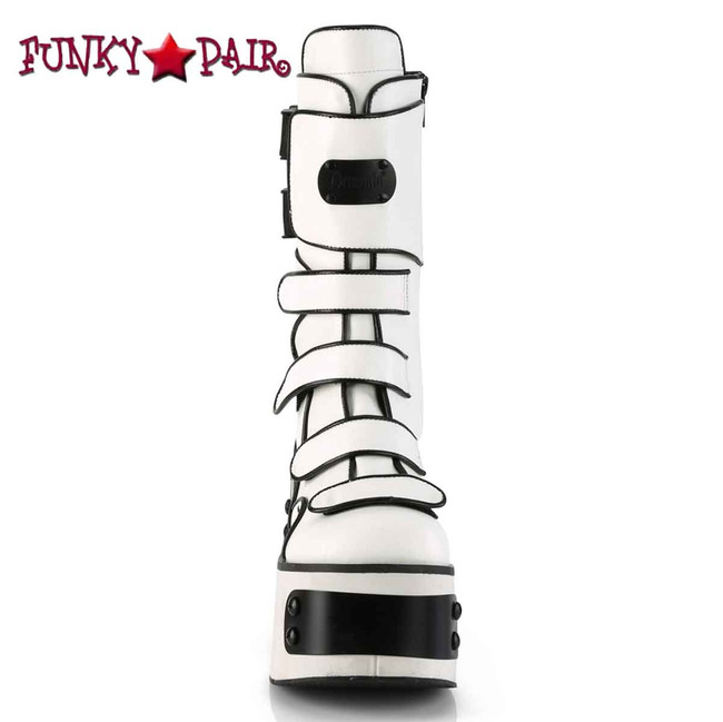 Kera-108, Metal Plated White Platform Boots Front View