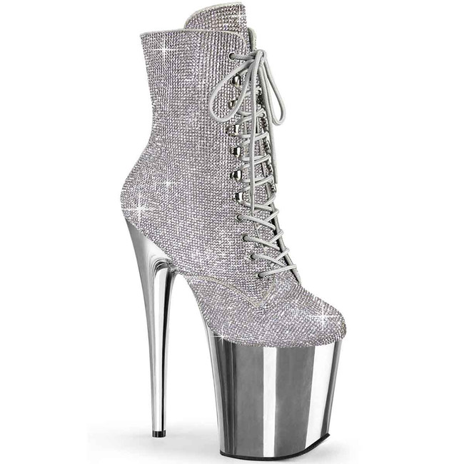 Flamingo-1020CHRS, 8" Silver Rhinestones Ankle Boots  By Pleaser