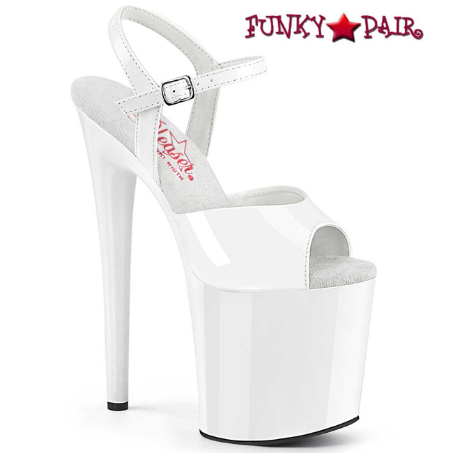 Naughty-809, 8" White Comfort Width Ankle Strap Sandal By Pleaser