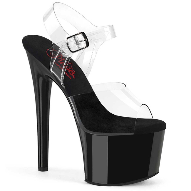 Passion-708, 7" Clear/Black Comfort Width Ankle Strap Sandal By Pleaser USA