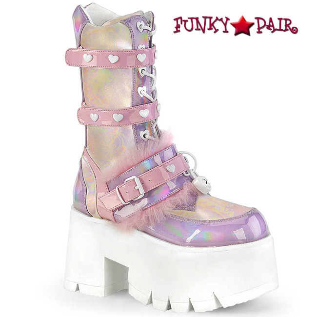 ASHES-120, Baby Pink Chunky Platform Heart Lace Up Boots By Demonia