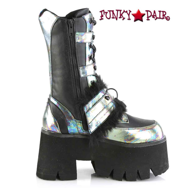 ASHES-120, Black Chunky Platform Heart Lace Up Boots Side Zipper View