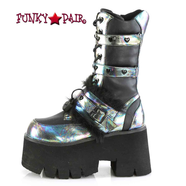Demonia ASHES-120, Black Chunky Platform Heart Lace Up Boots