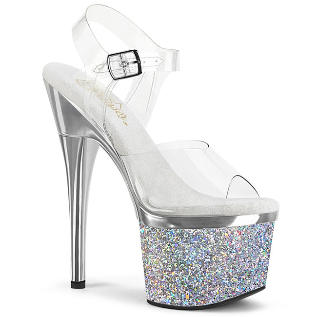 ESTEEM-708CHLG, Silver Ankle Strap Sandal with Holographic Glitter Platform
