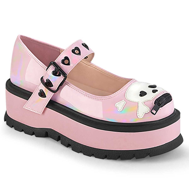 SLACKER-27, Baby Pink Platform MaryJane W/Skull By Demonia Cult