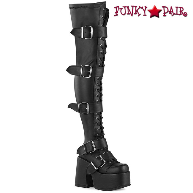 CAMEL-305, Black Vegan Leather Platform Buckle Thigh High Boot By Demonia Cult
