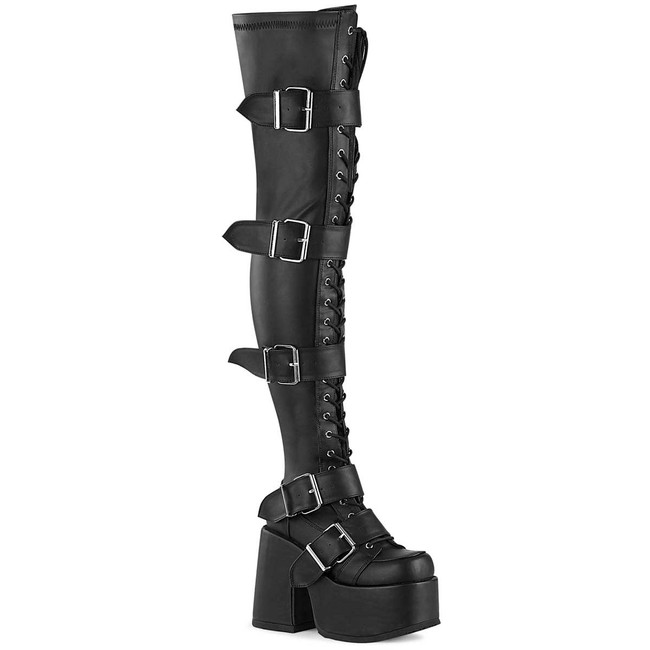Demonia CAMEL-305, Black Vegan Leather Platform Buckle Thigh High Boot