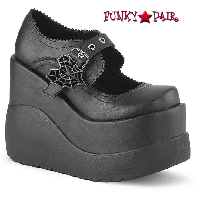 VOID-38, Wedge Platform W/Spider Web Buckle Black Vegan Leather by Demonia