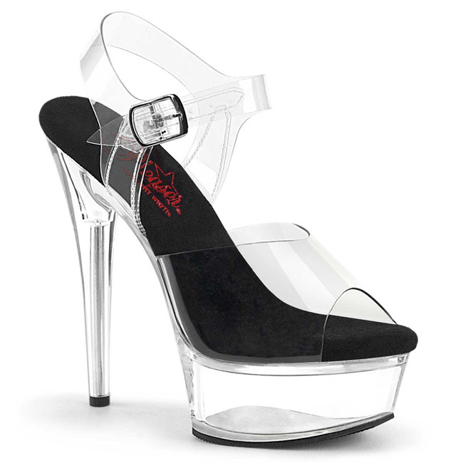 EXCITE-608, 6" Clear/Black/Clear Comfort Width Ankle Strap Sandal By Pleaser USA