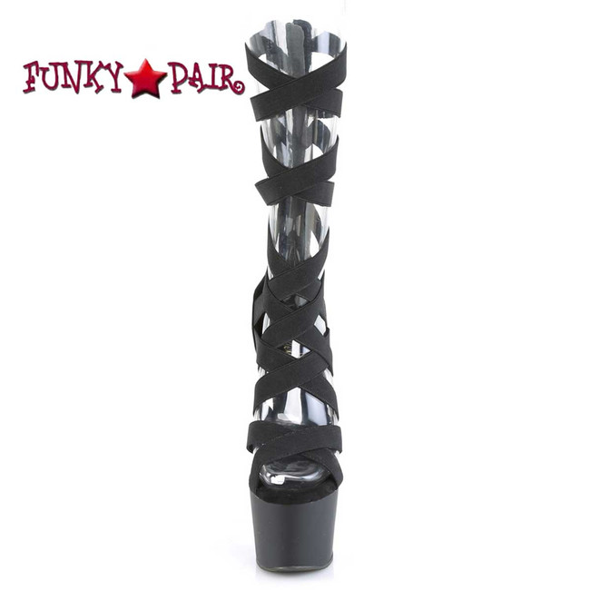 ADORE-700-48, 7" Black Criss Cross Elastic Bootie Sandal Front View