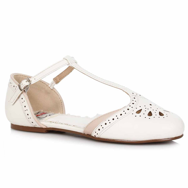 BP100-NANCY, 1" White T-Strap Flat Shoe With Cutout Décor By Bettie Page