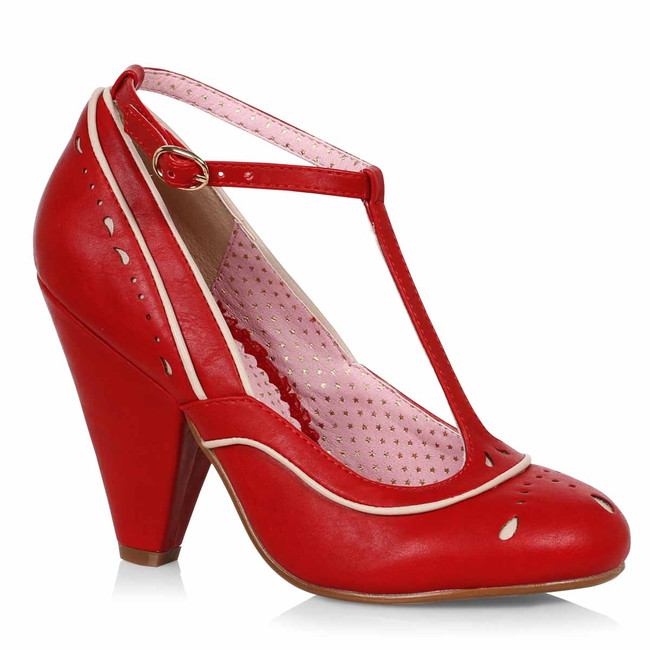 BP403-ANNIE, 3" Red T-Strap Peep Toe Shoe By Bettie Page