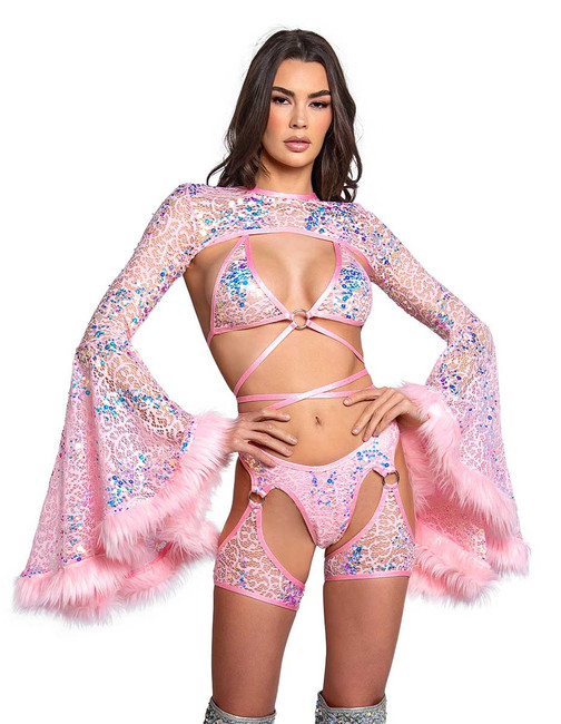 J. Valentine FR101, Pink Sequin Net Wrap Top with FR102 Bottom and FR103
