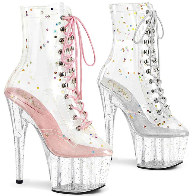 ADORE-1020C-2, 7" Baby Pink/Clear Lace Up Ankle Boot W/Sequins & Glitter By Pleaser