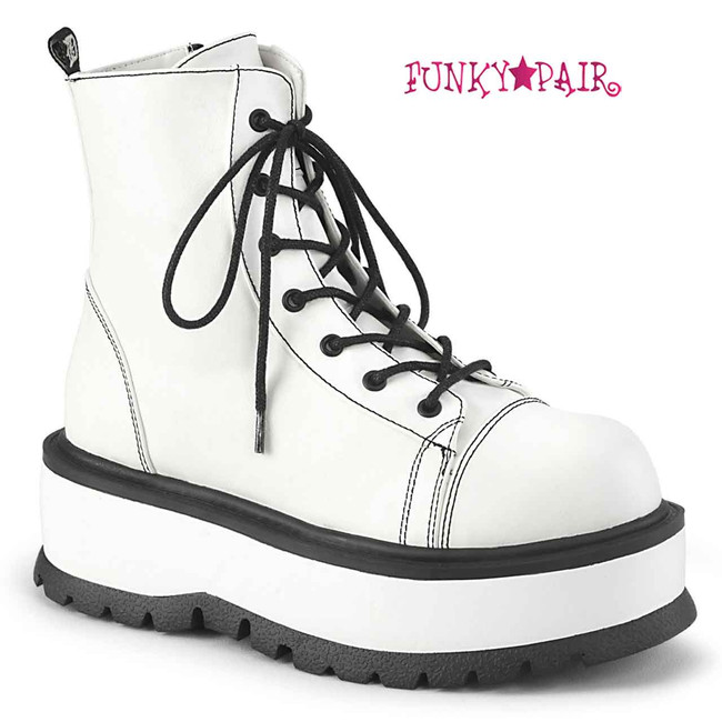 SLACKER-55, 2" Platform Lace-Up White Vegan Leather Ankle Boot By Demonia