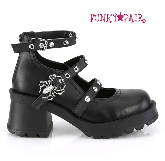 Demonia | Bratty-30, Triple Strap Maryjanes Spider Buckle