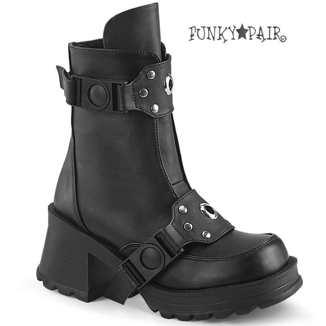 Bratty-56, Chunky Heel Eyelet & Studded Strap Black Ankle Boot By Demonia