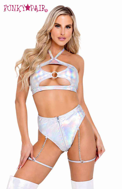 R-6118 - Raver High-Waisted Silver Vinyl Zip-Up Shorts Back View By Roma