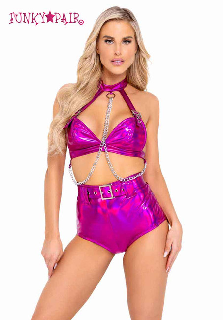R-6116 - Raver Holographic Hot Pink High-Waisted Shorts With Belt