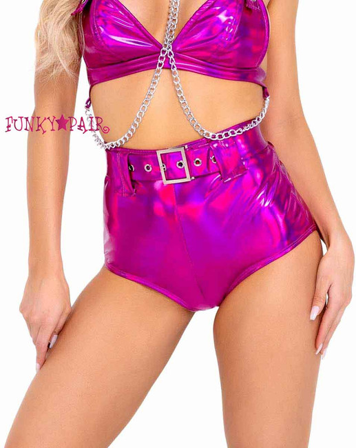 R-6116 - Holographic Hot Pink High-Waisted Shorts With Belt