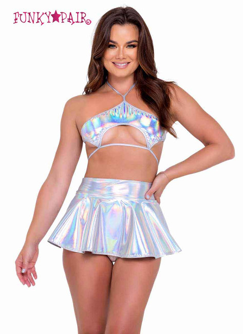 Roma R-6111 - Holographic Raver Keyhole Tie-Top With Skirt 6112