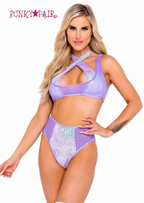 R-6105 - Two-Tone High-Waisted Sequin Lavender Shorts and Top 6104 By Roma
