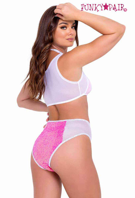 R-6104 - Two-Tone Hot Pink Mesh Crop Top With Bottom 6105 Back View