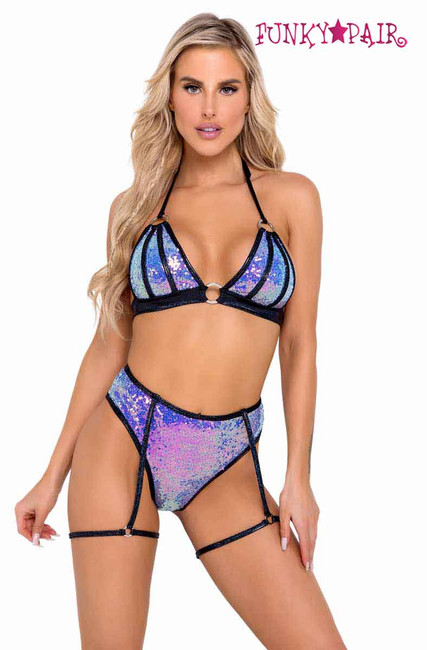 R-6098 - Two-Tone Blue Sequin Bikini Top With Bottom 6099