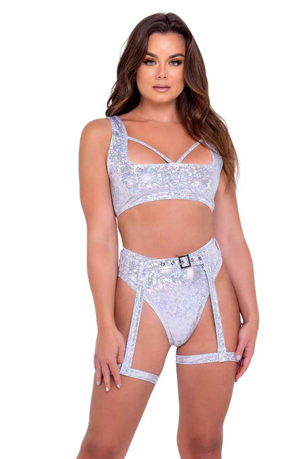 R-6071 - White Shimmer Crop Top with Strap Detail with Bottom 6074