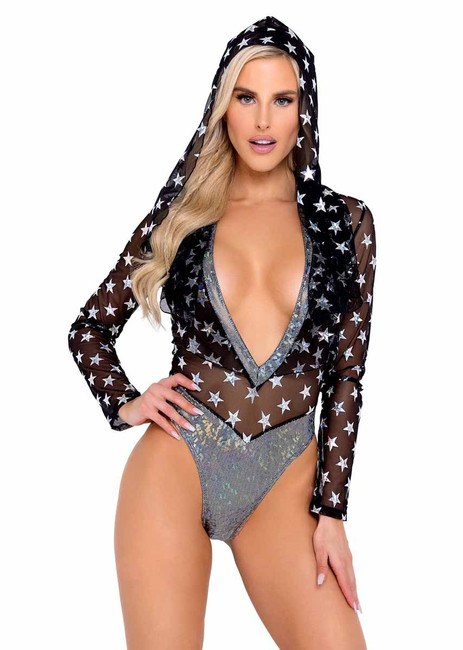 R-6085 - Two-Tone Hooded Black Rave Romper by Roma