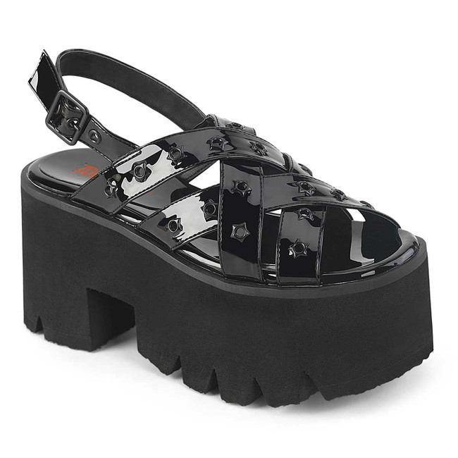 ASHES-12, Black Patent Slingback Strappy Platform Sandal By Demonia