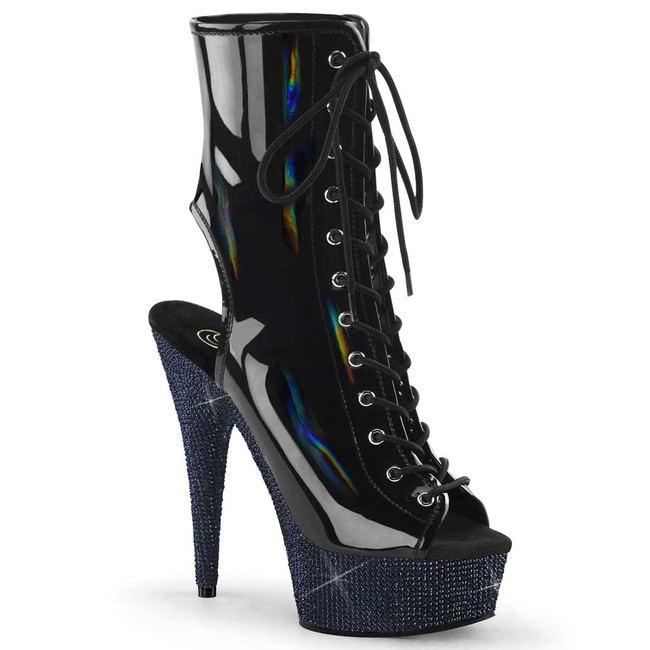 BEJEWELED-1016-6, Black Hologram 6" Rhinestones Platform Open Toe Lace up Boots By Pleaser