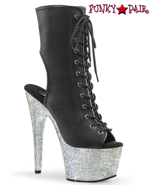 Pleaser BEJEWELED-1016-7, 7" Lace-up Boots with Rhinestones Platform Open Toe/Back