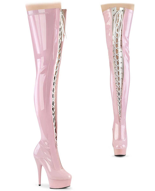 DELIGHT-3027, Two-Tone Baby Pink/White Lace-up Thigh High Boots By Pleaser