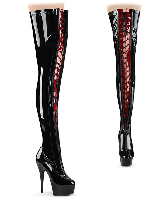 DELIGHT-3027, Two-Tone Black/Red Lace-up Thigh High Boots By Pleaser