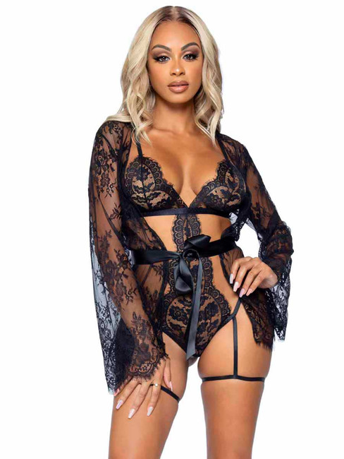 LA86123, Black Eyelash Lace Garter Teddy Set by Leg Avenue