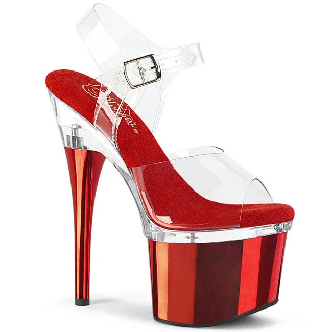 ESTEEM-708, Red 7" Ankle Clear Strap Sandals By Pleaser
