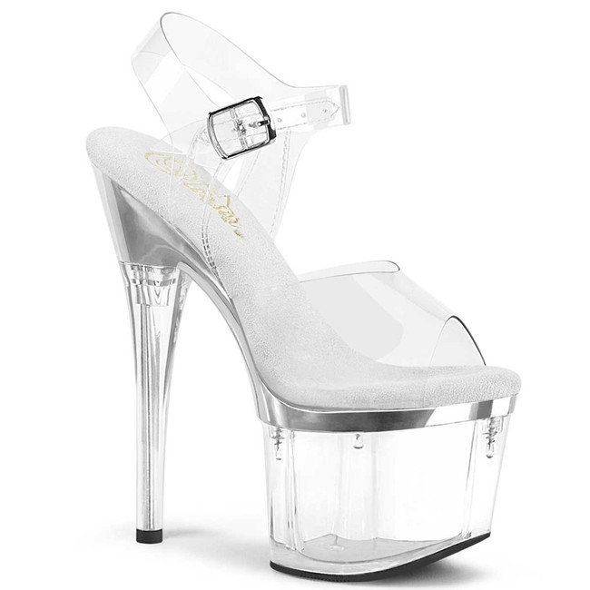 ESTEEM-708, Clear/Silver 7" Ankle Clear Strap Sandals By Pleaser