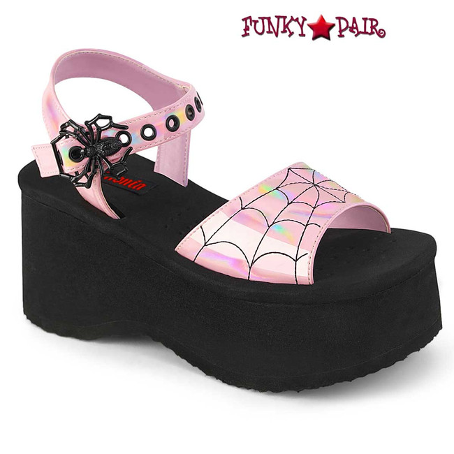 FUNN-10, Baby Pink 2.5" Platform Spiderweb With Spider Buckle Strap Sandal By Demonia