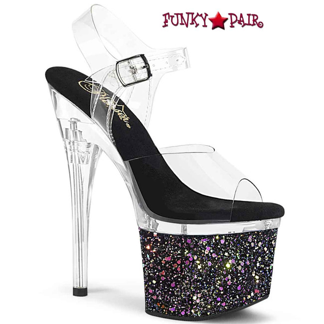 ESTEEM-708LG, Black 7" Iridescent Glitters Platform Sandals By Pleaser