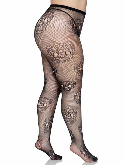 LA-9723X, Side View Lace Skull Fishnet Tights by Leg Avenue