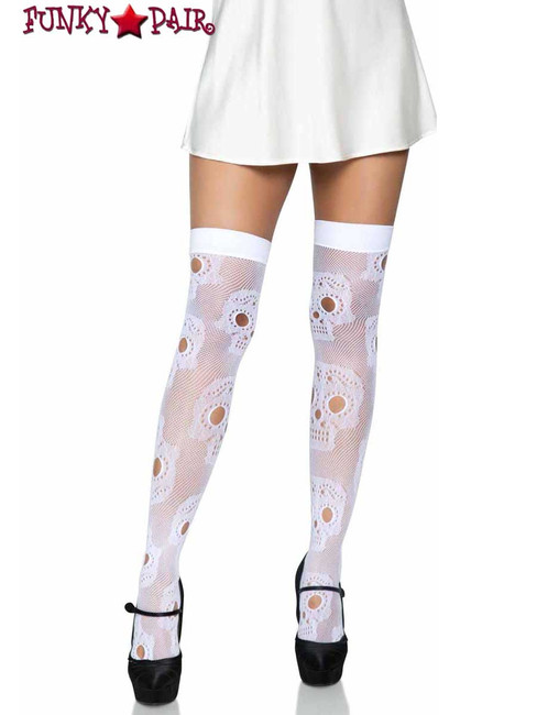 LA-6626, Sugar White Skull Net Thigh Highs by Leg Avenue